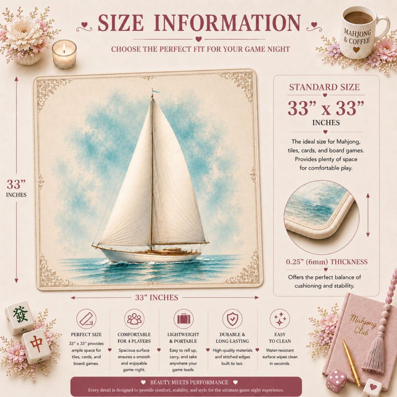 33 x 33 inch sailboat Mahjong mat size guide showing dimensions, thickness, durability, portability, and spacious playing surface for four players