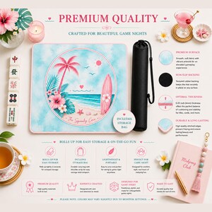 Premium quality infographic showing the tropical beach Mahjong mat with stitched edges, non-slip backing, and portable storage bag.