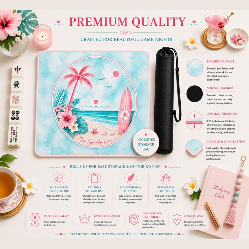 Premium quality infographic showing the tropical beach Mahjong mat with stitched edges, non-slip backing, and portable storage bag.