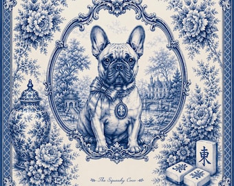 French Bulldog Mahjong Mat Blue Toile Frenchie Gift Chinoiserie Game Mat