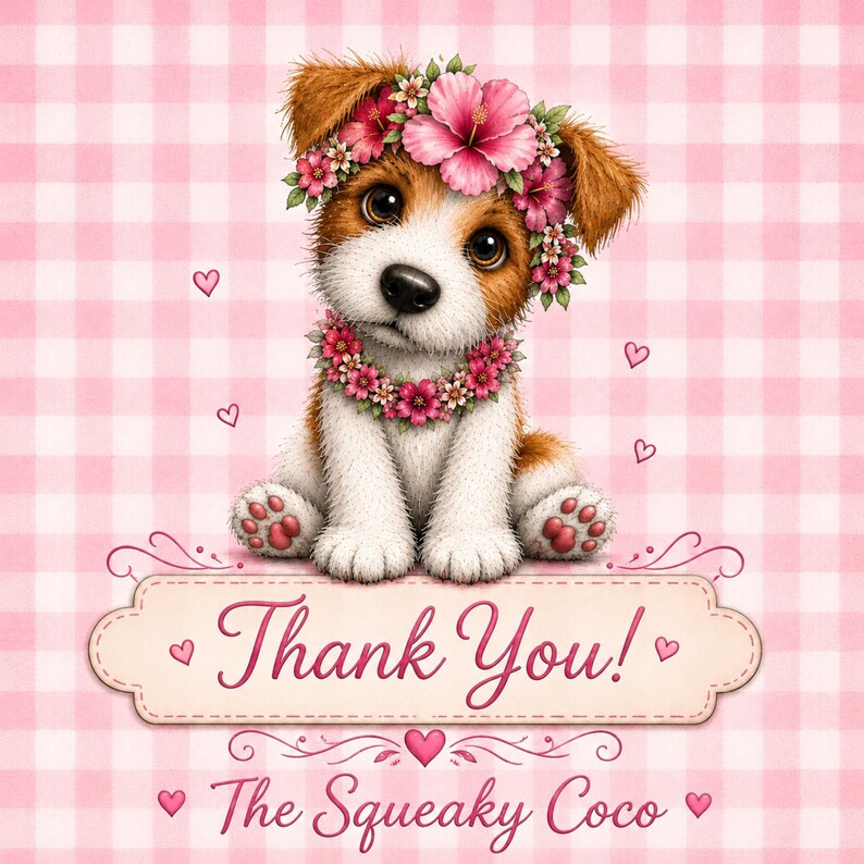 The Squeaky Coco thank you card featuring a floral puppy illustration and customer appreciation message.