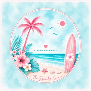 Pastel beach-themed Mahjong mat featuring pink palm trees, tropical flowers, ocean waves, and a pink surfboard design on a soft blue background.