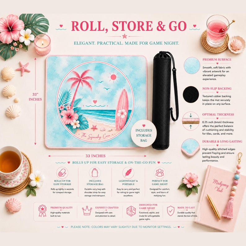Roll, store, and go promotional mockup featuring the pastel coastal Mahjong mat rolled for storage with carrying bag and portability features.