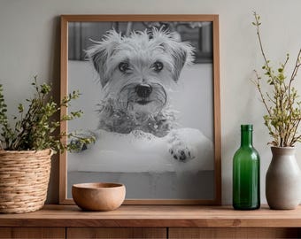 Arte engraçada para banheiro com cachorro, estampas vintage em preto e branco, decoração estilo fazenda (download digital)