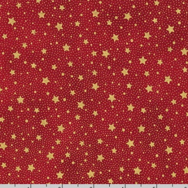 Kaufman Fabric - (By The Yard) - Christmas Gold Stars on Red Fabric - Holiday Flourish 13 - Stars And Dots Red