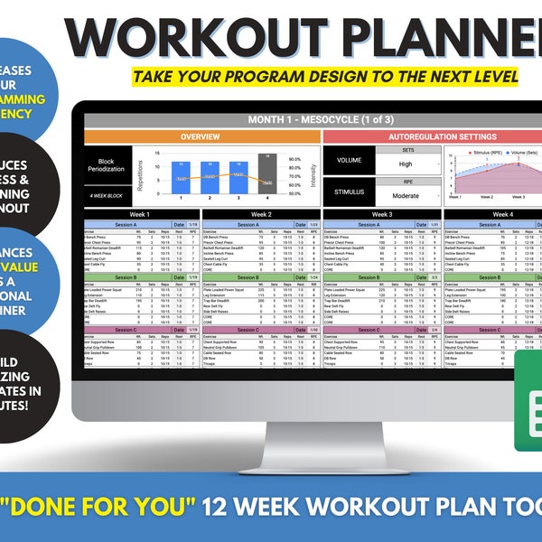 Workout Planner Template | Training Program | Personal Trainer Exercise Program | Gym Training Plan | Periodization Template | 5 Day Plan