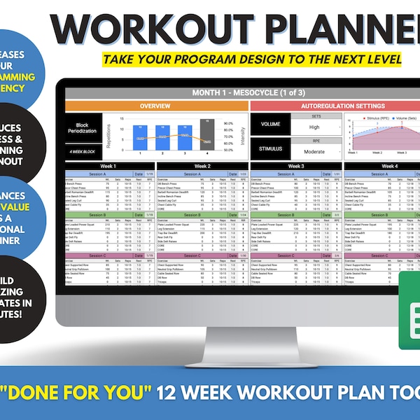 Modèle de planificateur d’entraînement | Programme de formation | Programme d'exercices avec entraîneur personnel | Plan d'entraînement en salle de sport | Modèle de périodisation | Forfait 5 jours