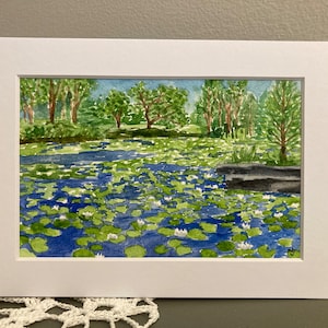 Pintura de acuarela de lirio de agua original, paisaje de verano impresionista, jardines botánicos de Montreal
