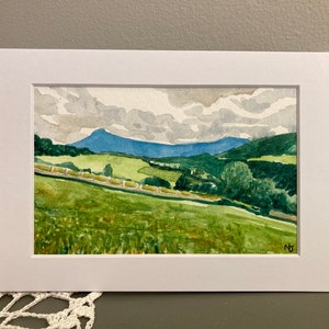 Mountain watercolour landscape painting, original art, rural scenery
