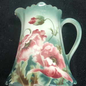 Antique K & G Luneville, France, porcelain poppy themed 8&quot; pitcher