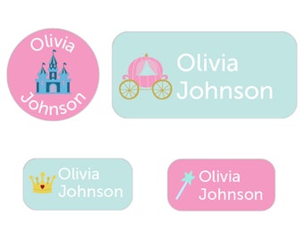 Princess Daycare Name Labels (100 Labels) - Custom Waterproof Name Stickers for Clothing Tags, Water Bottles, Lunch Boxes and More