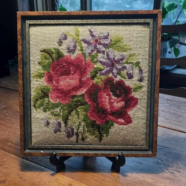 VTG Framed Floral Needle Point, Tapestry Wall Art, Handcrafted Home Decor, Mother’s Day, Gift for Wife, Flower Lover, Retro Lover, Boho Vibe