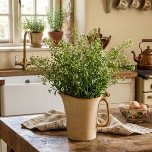 May include: A beige ceramic jug filled with green and white flowers on a wooden table. A floral cloth is beneath the jug. A white sink and brass tap are in the background. Kitchen decor.