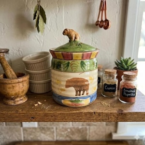 Vintage Timberland Bella Bear Canister, Rustic Cabin Forest Decor, Hand Painted Ceramic Kitchen Jar