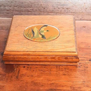 Scatola porta carte a due mazzi, porta carte da gioco in legno, custodia portaoggetti Enesco 1984, intarsio con motivo a papera, regalo decorativo per coppia di giocatori di carte con cacciatori di anatre