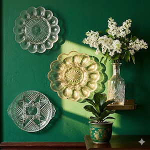Vintage Anchor Hocking Glass Egg Platter Wall Art Decor Emerald Green Cache Pot