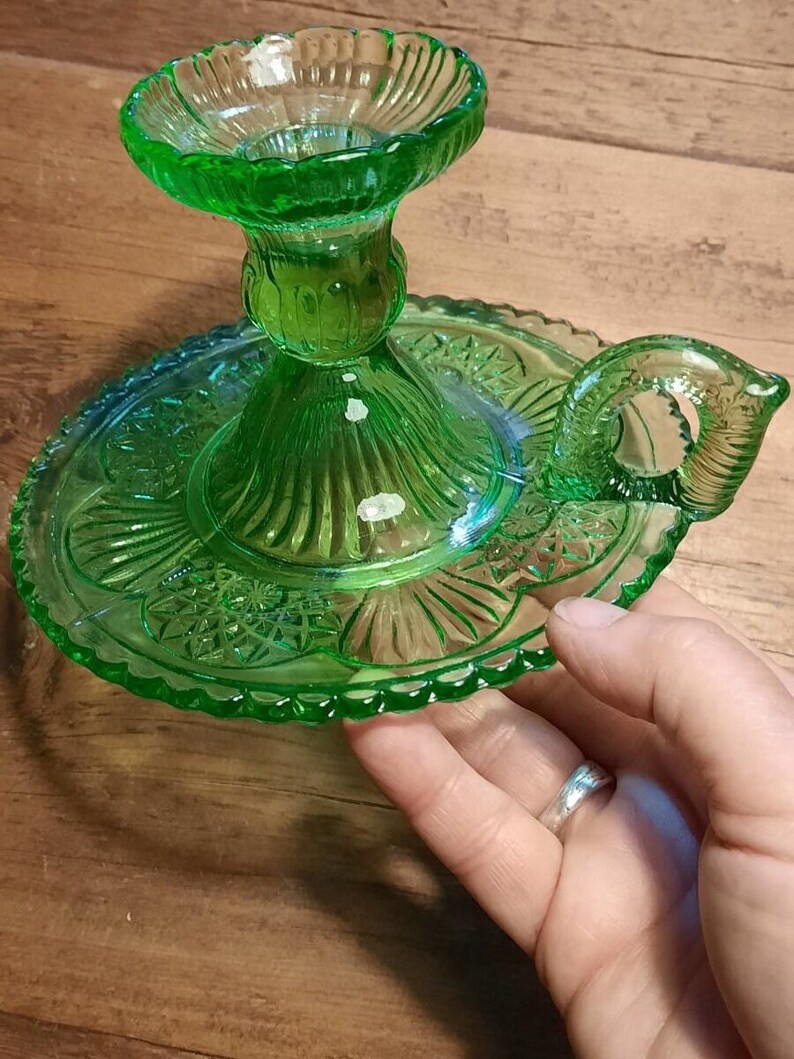 VTG Polish Zabkowice Candlestick Holder, Green Depression Glass, Finger
