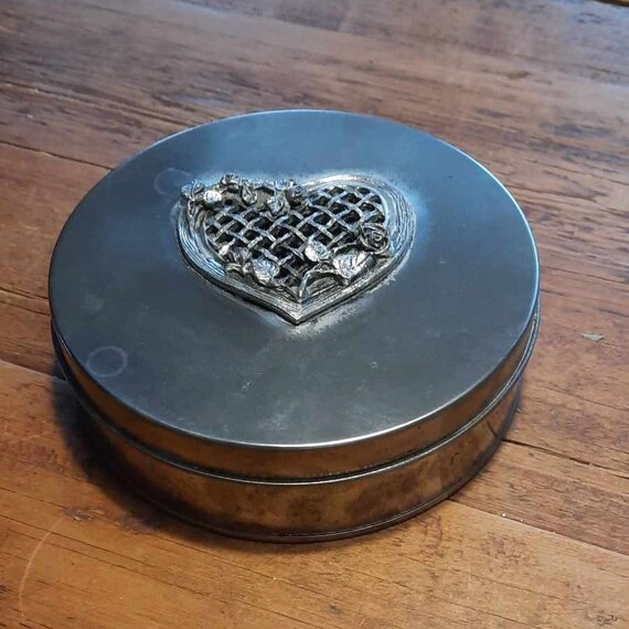 VTG Lidded Silver Plate Tin Round Jewelry Trinket… - image 1