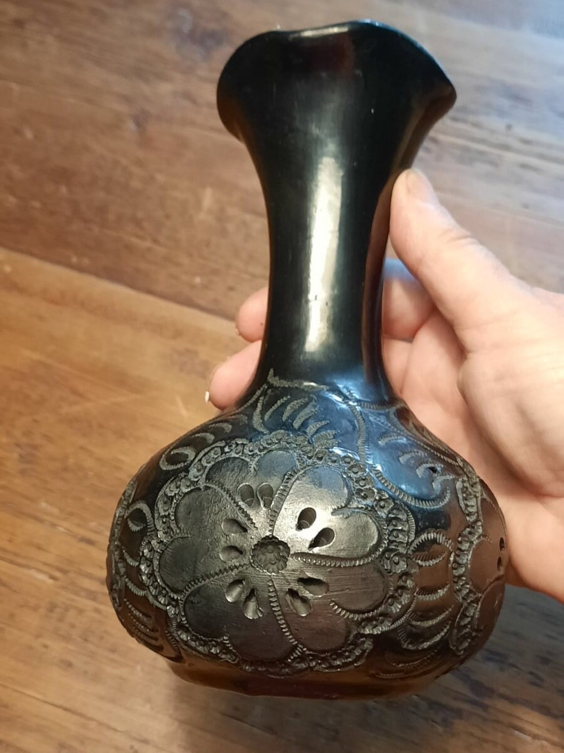 Mexico Dona Rosa Oaxara Black Ceramic Lace Cutout Pattern Vase, Mexican