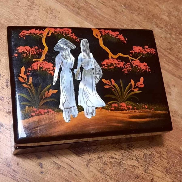 Hand Painted Vietnamese Lacquered Jewelry Box, Asian Hinged Trinket Box, Iridescent Ladies, Red Velvet Inlay, Perfect Valentine’s Day Gift