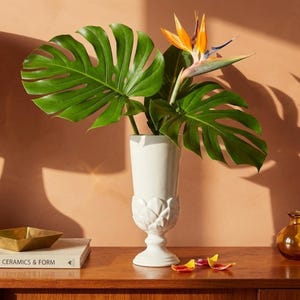 White Ceramic Artichoke Pedestal Vase, Tall Scalloped Flower Pot, Unique Vintage Style Centerpiece