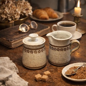 Désilets Speckled Stoneware Sugar and Creamer Set: Vintage Farmhouse Floral Hand Painted Pottery