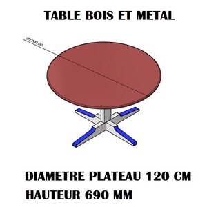 May include: A round wooden table with a red tabletop and a metal base. The table is 47.2 inches in diameter and 27.2 inches tall. The text "TABLE BOIS ET METAL" is at the top of the image. The text "DIAMETRE PLATEAU 120 CM" and "HAUTEUR 690 MM" is at the bottom of the image.