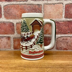Budweiser Christmas Beer Mug, Covered Bridge and Clydesdales. 1984 Limited Edition, Winter Scene