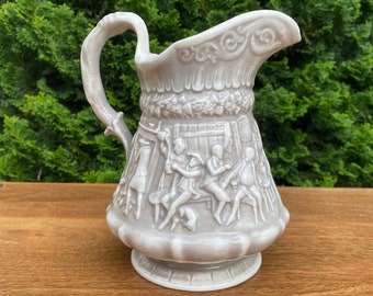 Vintage Embossed Ceramic Pitcher Colonial Bar/Tavern & Cavalry Scene