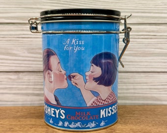 Vintage Hershey's Chocolate Kitchen Tin, Lidded with Metal Clamp, Airtight Kitchen Storage, " A Kiss for You"