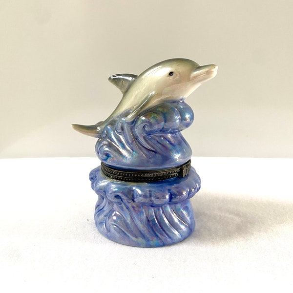 Dolphin Opalescent HInged Trinket Box, Porcelain