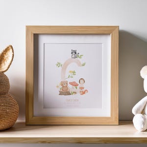 Personalised Woodland Nursery Print | Custom Baby Initial and Birth Stats Artwork | Forest Animal Name Art | Newborn Keepsake Gift
