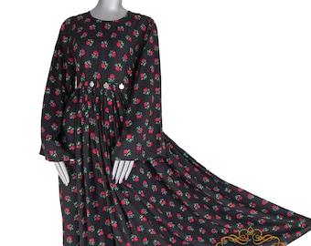 Cotton black modest gulnigar Floral Maxi Dress, Afghani Style, Adjustable Belt