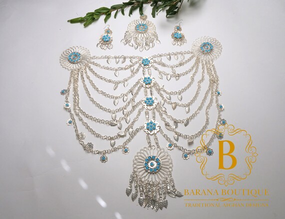 Beautiful handmade afghani jewelry set includes large necklace earrings headpiece Hazaragi traditional jewelry beautiful silver color