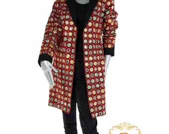 Afghan Womens's clothes women's blazer red black notched lapel cuffed beautiful long coat jacket embroidered mirrored blazer Afghani coat,