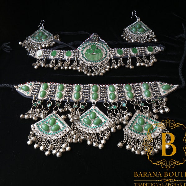 authentic handmade afghani jewellery set choker includes necklace, earrings, headpiece Afghan traditional jewelry kochi jewelry Green