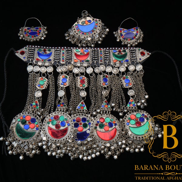 vintage handmade afghani jewellery set necklace, earrings, headpiece Afghani traditional jewelry kuchi jewelry ethnic Afghan jewelry