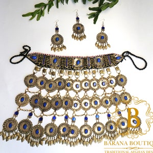 Beautiful handmade afghani jewelry set includes large necklace, earrings, headpiece Afghan traditional jewelry kochi jewelry blue light gold
