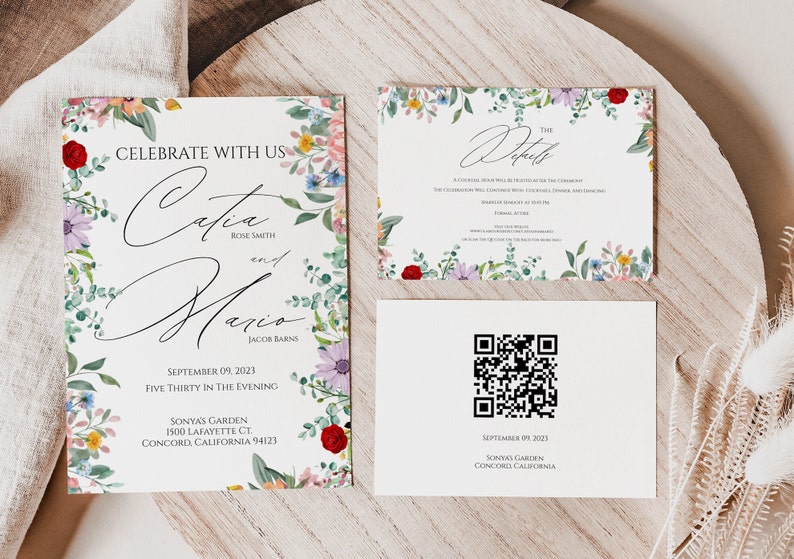 Spring Floral Invitation Suite, Printable Wedding Invites Pictures,Invites QR Code,Wedding Invite Suite,Digital Download Templates GB001 image 5