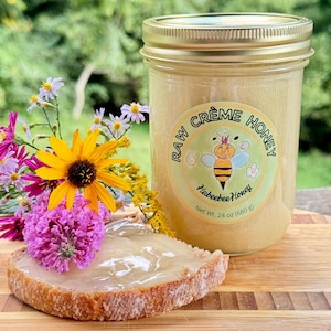 Raw creamed honey, wide mouth pint mason jar, Raw soft set honey, Raw crème honey, Net Wt. 24 oz