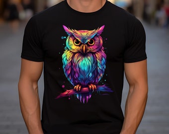 Holographic Owl on a branch Dark Unisex t-shirt, Night Animal Tee, Bird of Minerva Lovers shirt, Gift for Her, Modern Design Short Sleeve