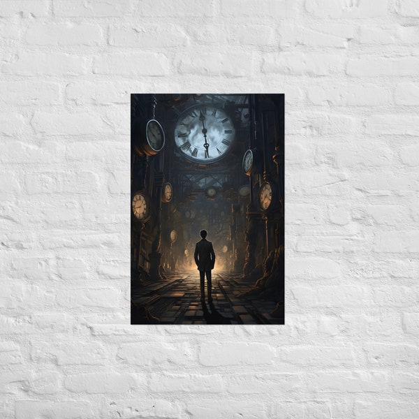 Man Walking Amidst Enchanted Clocks Poster, Steampunk Fantasy Wall Art, Dreamlike Room, Artistic Home Decor, Unique Gift, Gift for Him
