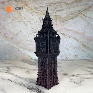 May include: A black 3D printed model of Big Ben, the famous clock tower in London, England. The model is detailed and includes the clock faces, the spire, and the surrounding architecture.