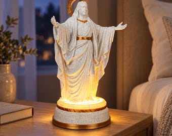 Lighted Jesus Statue with Open Arms, Christ Figurine with Halo, Christian Home Altar Decor