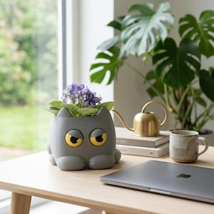 Peut inclure: Un pot de fleurs gris en forme de chat avec des yeux jaunes contient une plante fleurie aux fleurs violettes. Le pot est posé sur une table en bois à côté d'un ordinateur portable, d'une tasse et d'un arrosoir doré. Une grande plante verte est en arrière-plan.
