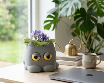 Grumpy Cat Planter with Moving Eyes, Cat Plant Pot, Funny Cat Lover Gift, Cute Succulent Planter, Desk Decor, Kawaii Kitty Flower Pot