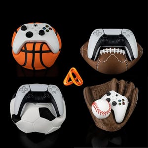 May include: Four images showcasing gaming controllers resting on sports equipment. An orange basketball, a brown football, a black and white soccer ball, and a baseball glove with a baseball and controller.