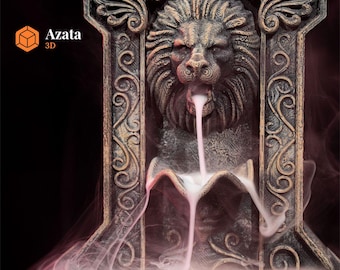 May include: A decorative incense burner featuring a lion's head design. Incense flows from the lion's mouth, creating a plume of smoke. The burner is made from dark brown material and has intricate details.