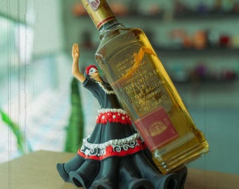 Catrina Figurine Decorative Tequila Bottle Holder | Wine Stand | Dia de Los Muertos Decorations | Holiday Party Bottles Sugar Skulls Decor