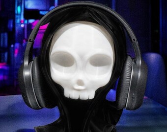 Grinning Reaper Headphone Stand | Unique Haunted Desk Display | Spooky Bone Head Phone Holder | Minimalist Home Decor for Skeleton Lovers